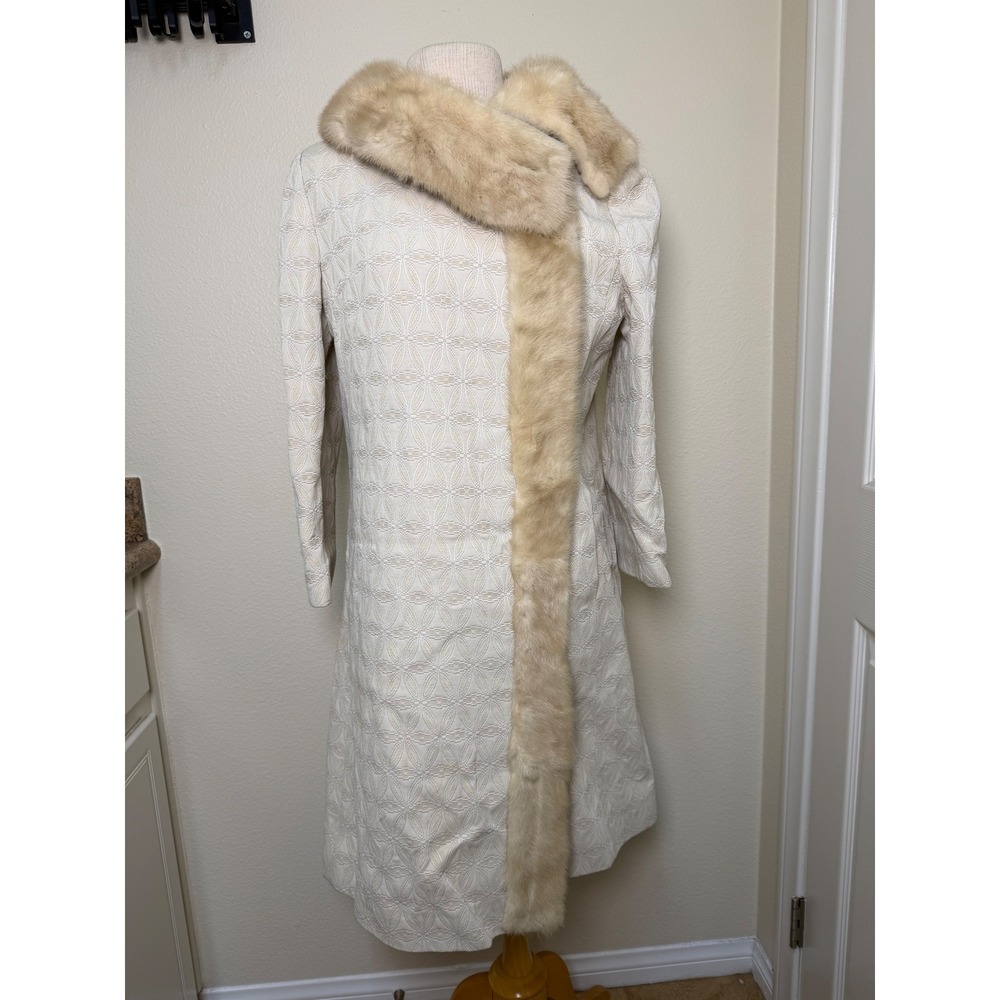 Vintage Harris' Cream Jacquard Mink Fur Trim Long Evening Coat ILGWU Union Made
